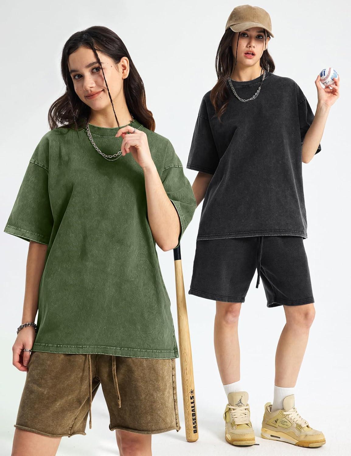 Arssm Women Oversized T Shirts Acid Washed Cotton Tees Vintage Baggy Loose Fit Streetwear Workout Tops(Black+beige+army)