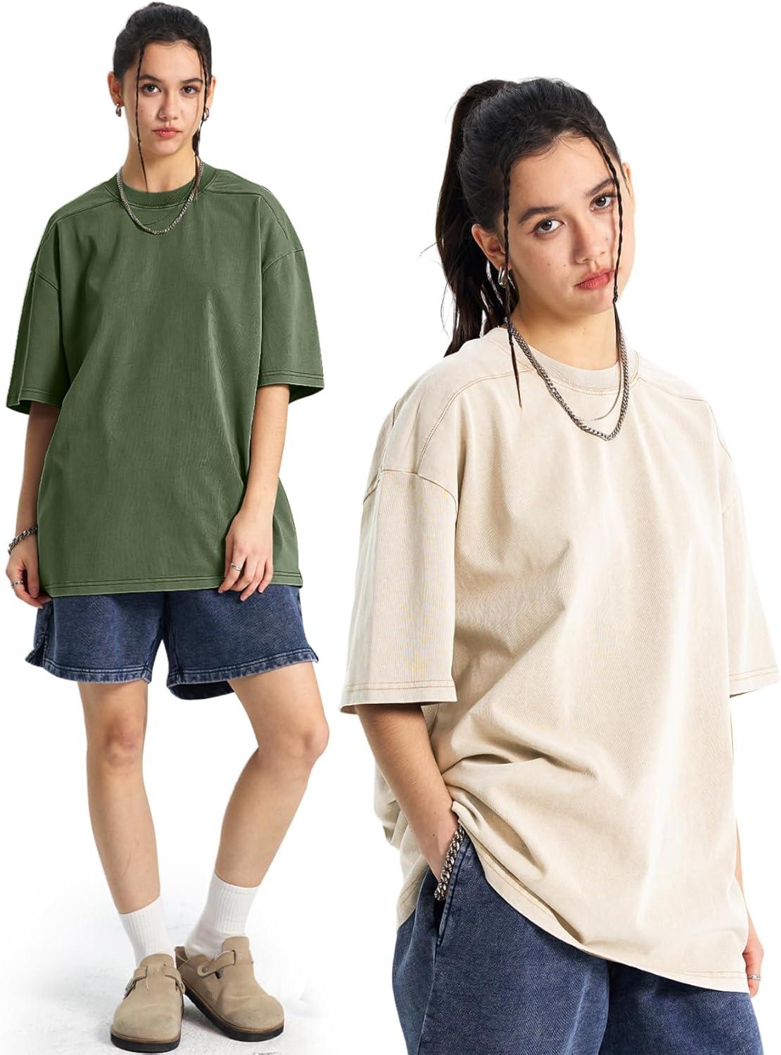Arssm Women Oversized T Shirts Acid Washed Cotton Tees Vintage Baggy Loose Fit Streetwear Workout Tops(Black+beige+army)