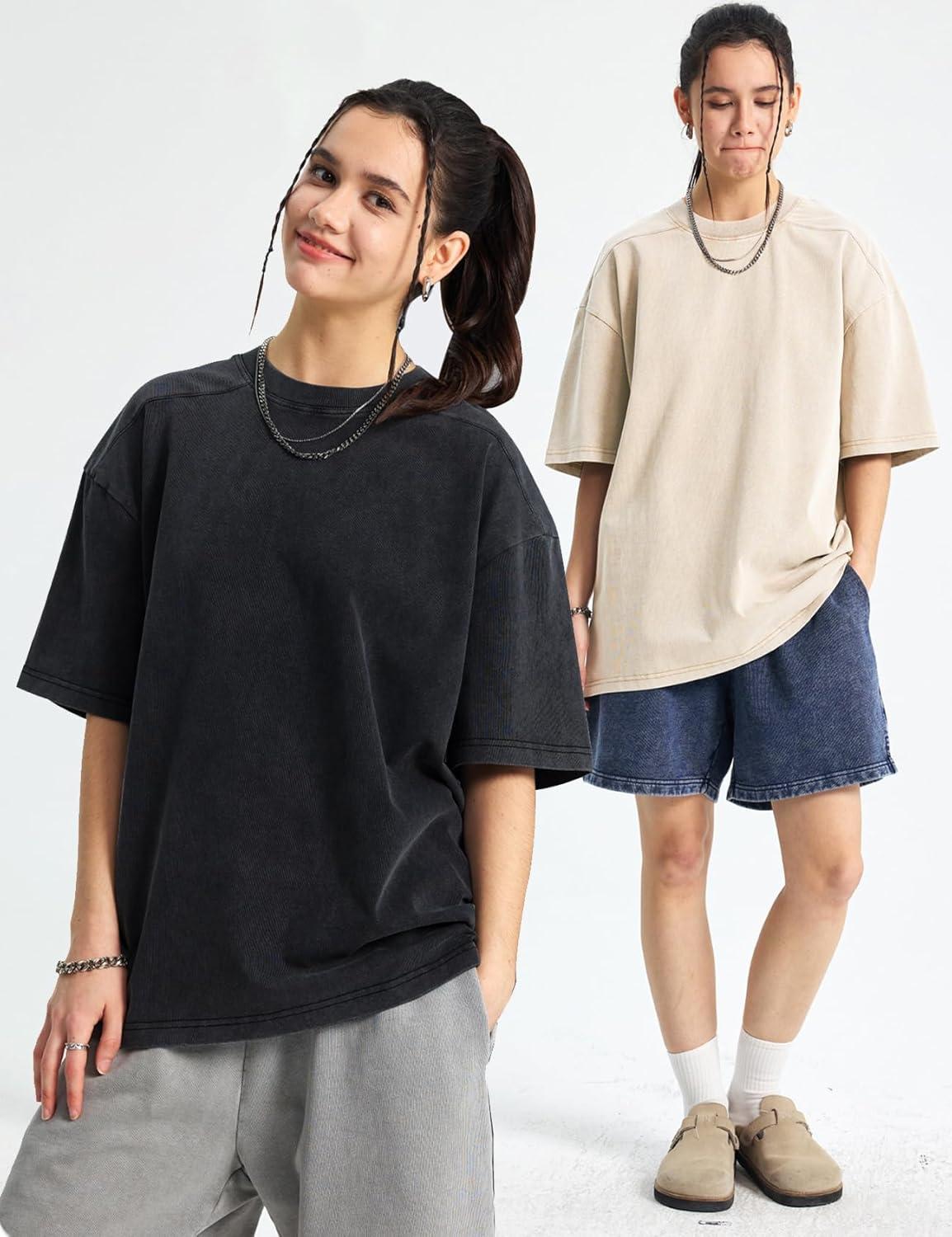 Arssm Women Oversized T Shirts Acid Washed Cotton Tees Vintage Baggy Loose Fit Streetwear Workout Tops(Black+beige+army)