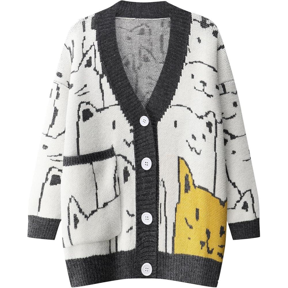 Arssm Cat Sweater for Women Oversized Button Down V Neck Knit Cardigan Cute Kawaii Cartoon Print Sweater Fall Clothes(Darkgrey)