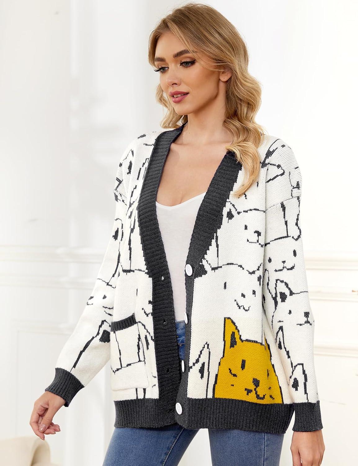 Arssm Cat Sweater for Women Oversized Button Down V Neck Knit Cardigan Cute Kawaii Cartoon Print Sweater Fall Clothes(Darkgrey)