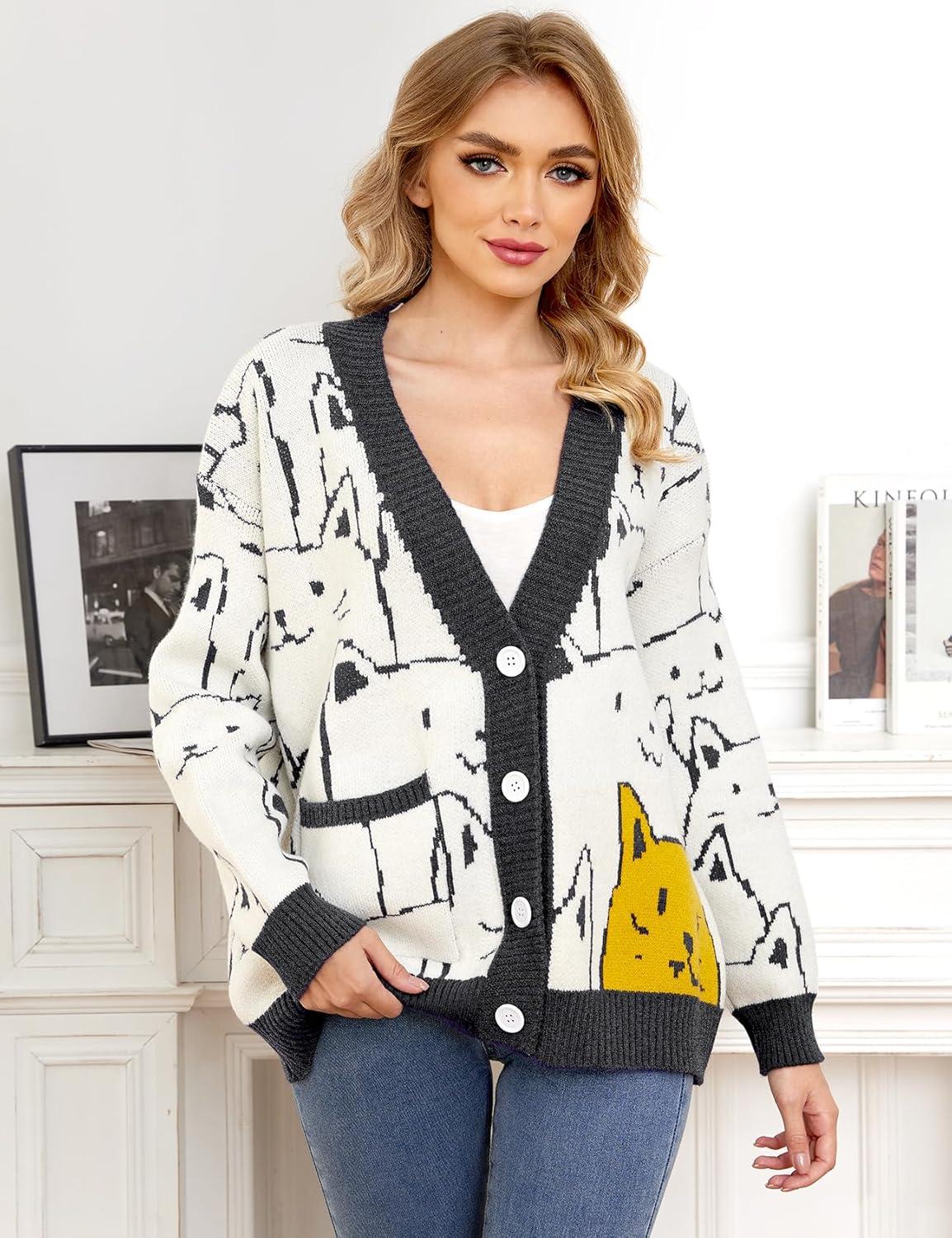 Arssm Cat Sweater for Women Oversized Button Down V Neck Knit Cardigan Cute Kawaii Cartoon Print Sweater Fall Clothes(Darkgrey)