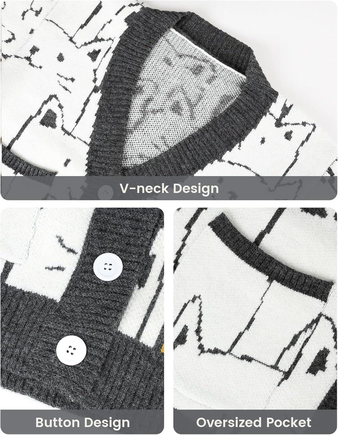 Arssm Cat Sweater for Women Oversized Button Down V Neck Knit Cardigan Cute Kawaii Cartoon Print Sweater Fall Clothes(Darkgrey)