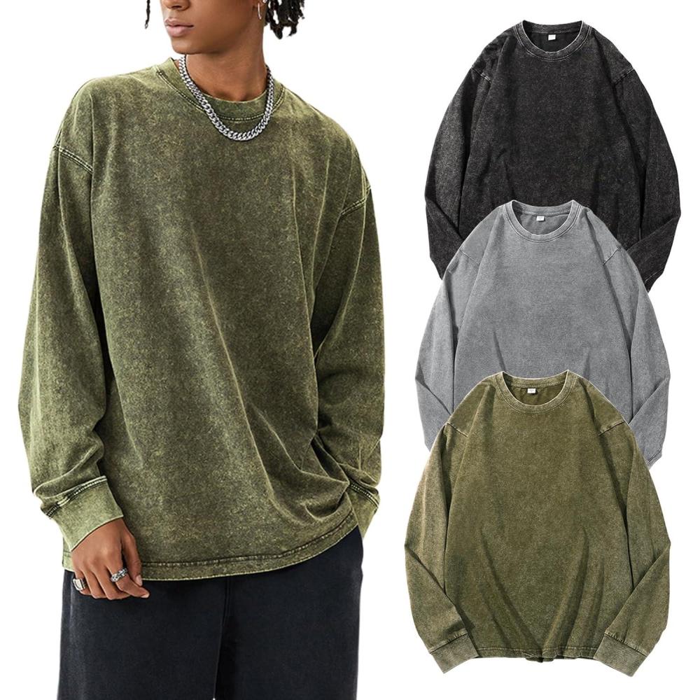 Arssm Mens Oversized T-Shirts Cotton Long Sleeve Tshirts Vintage Acid Wash Baggy Tees(Black+grey+army)