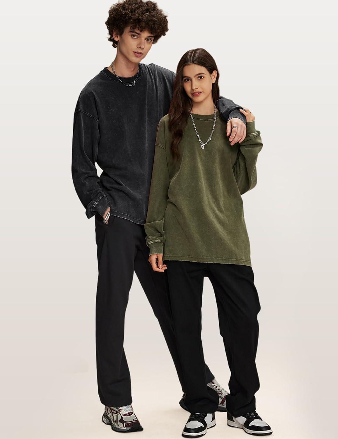 Arssm Mens Oversized T-Shirts Cotton Long Sleeve Tshirts Vintage Acid Wash Baggy Tees(Black+grey+army)