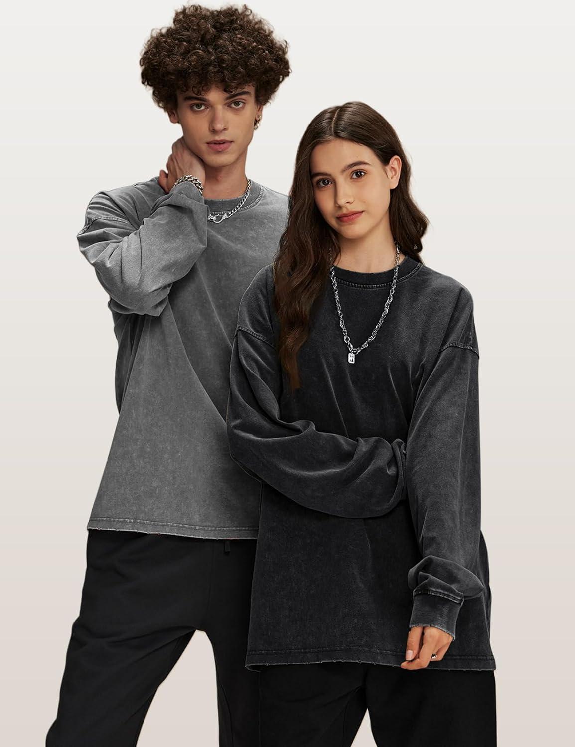 Arssm Mens Oversized T-Shirts Cotton Long Sleeve Tshirts Vintage Acid Wash Baggy Tees(Black+grey+army)