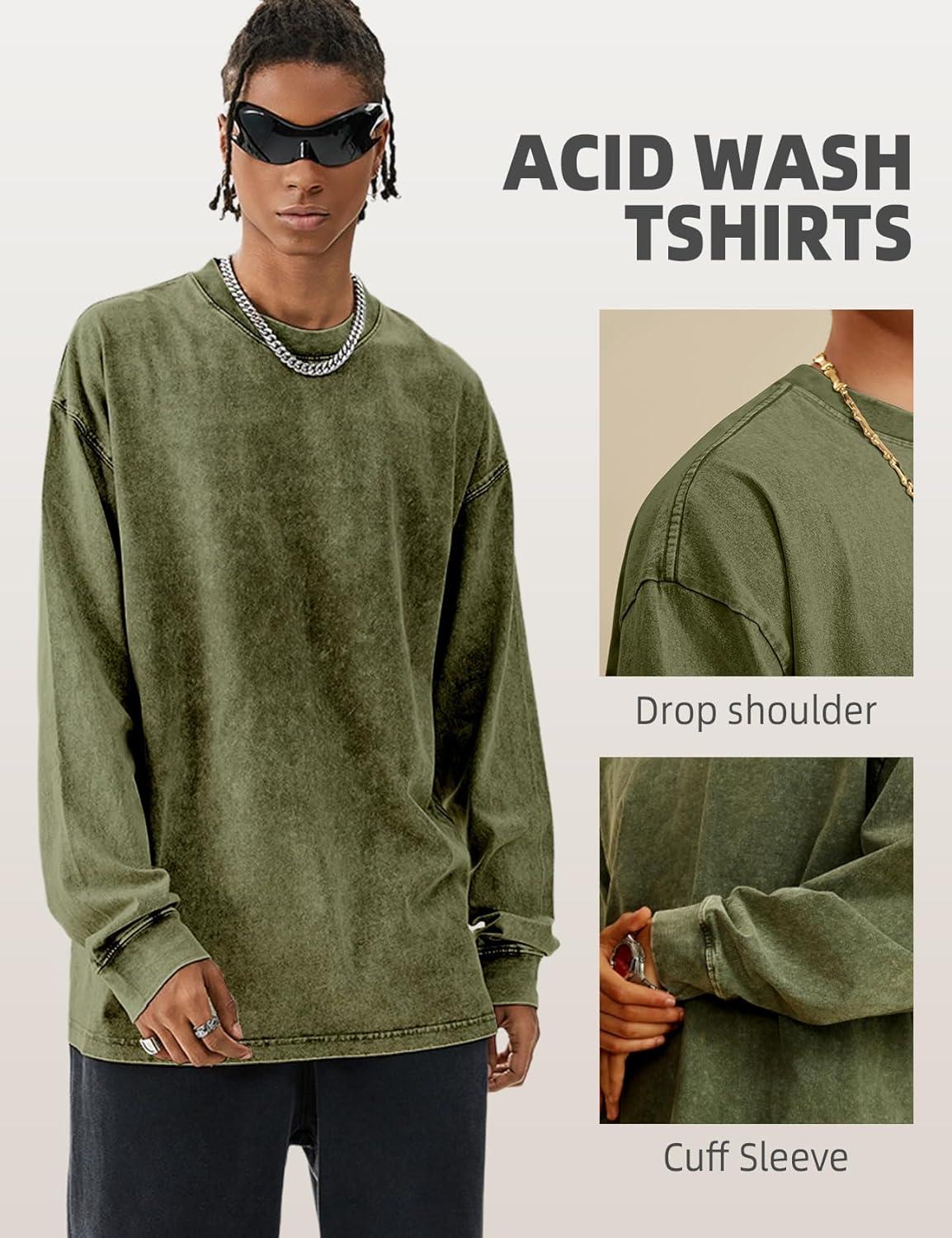 Arssm Mens Oversized T-Shirts Cotton Long Sleeve Tshirts Vintage Acid Wash Baggy Tees(Black+grey+army)