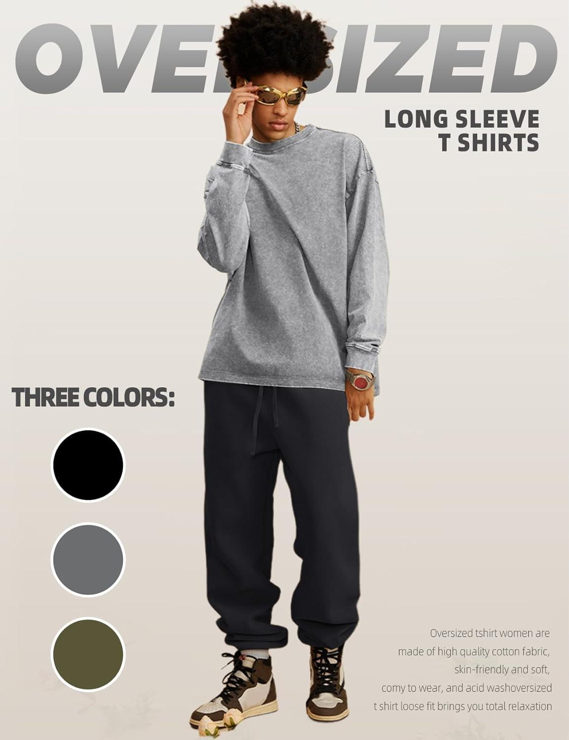 Arssm Mens Oversized T-Shirts Cotton Long Sleeve Tshirts Vintage Acid Wash Baggy Tees(Black+grey+army)