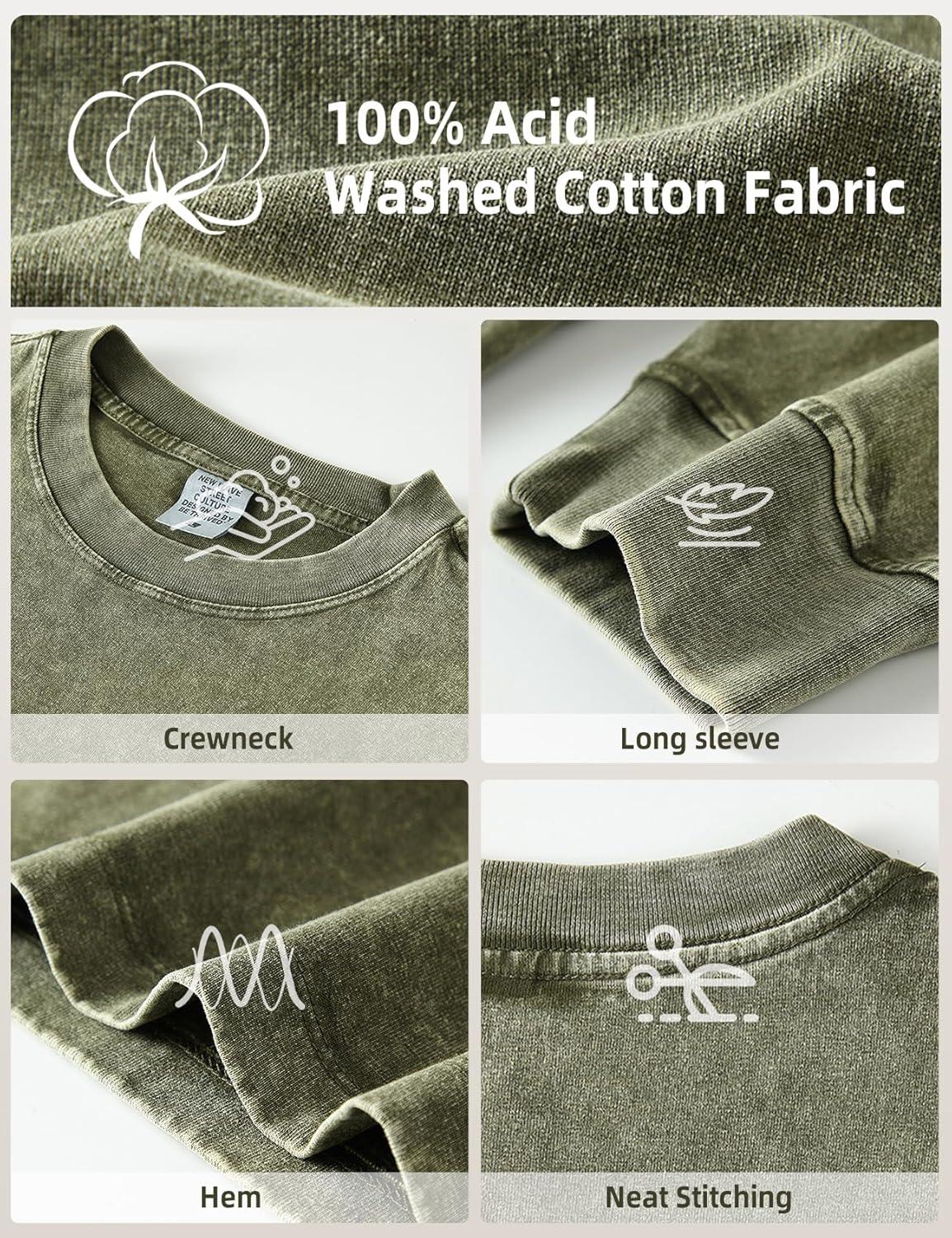 Arssm Mens Oversized T-Shirts Cotton Long Sleeve Tshirts Vintage Acid Wash Baggy Tees(Black+grey+army)