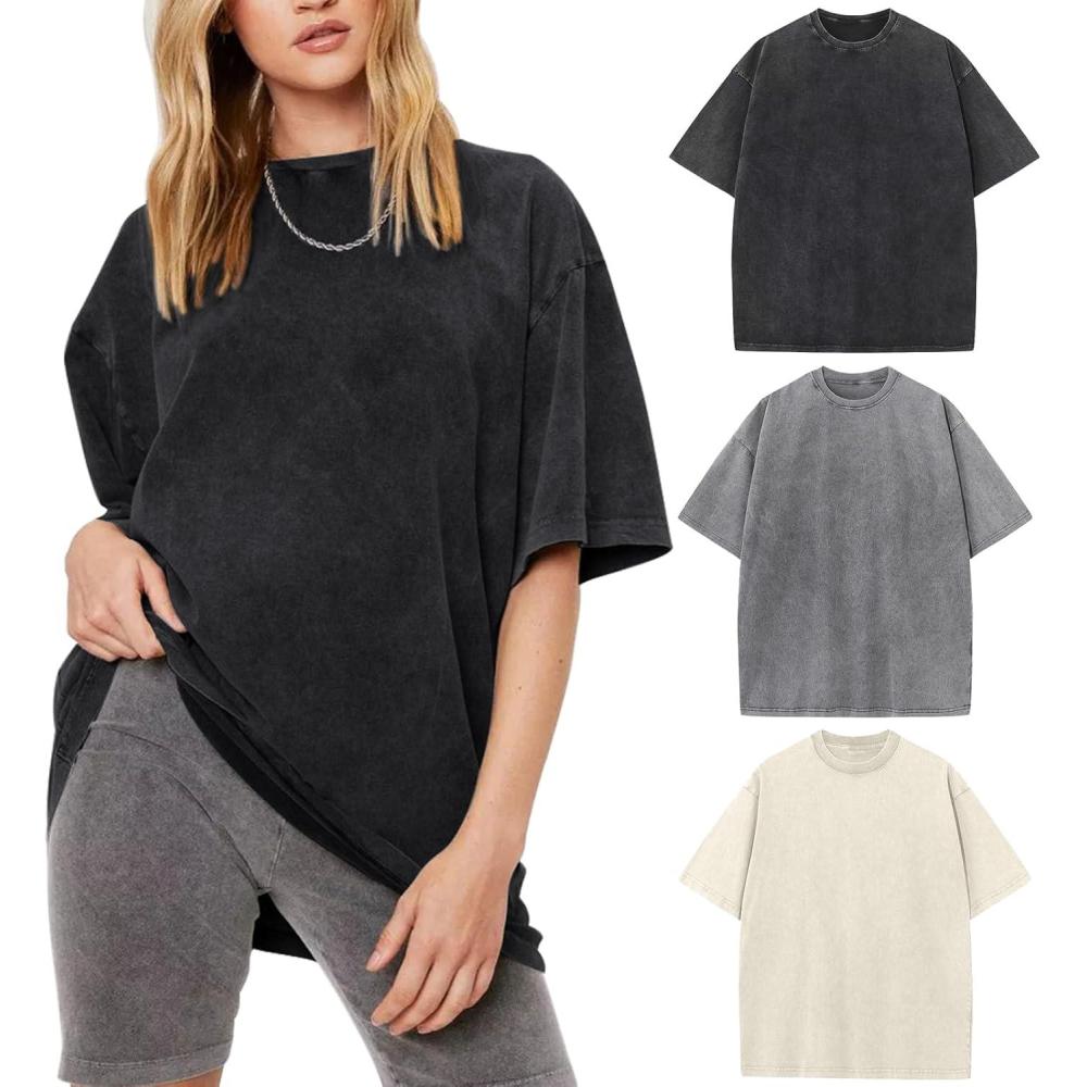 Arssm Women Oversized T Shirts Acid Washed Cotton Tees Vintage Baggy Loose Fit Streetwear Workout Tops(Black+grey+beige)