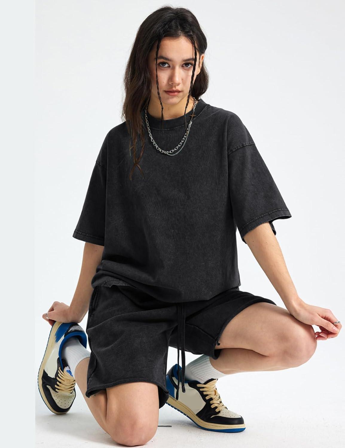 Arssm Women Oversized T Shirts Acid Washed Cotton Tees Vintage Baggy Loose Fit Streetwear Workout Tops(Black+grey+beige)