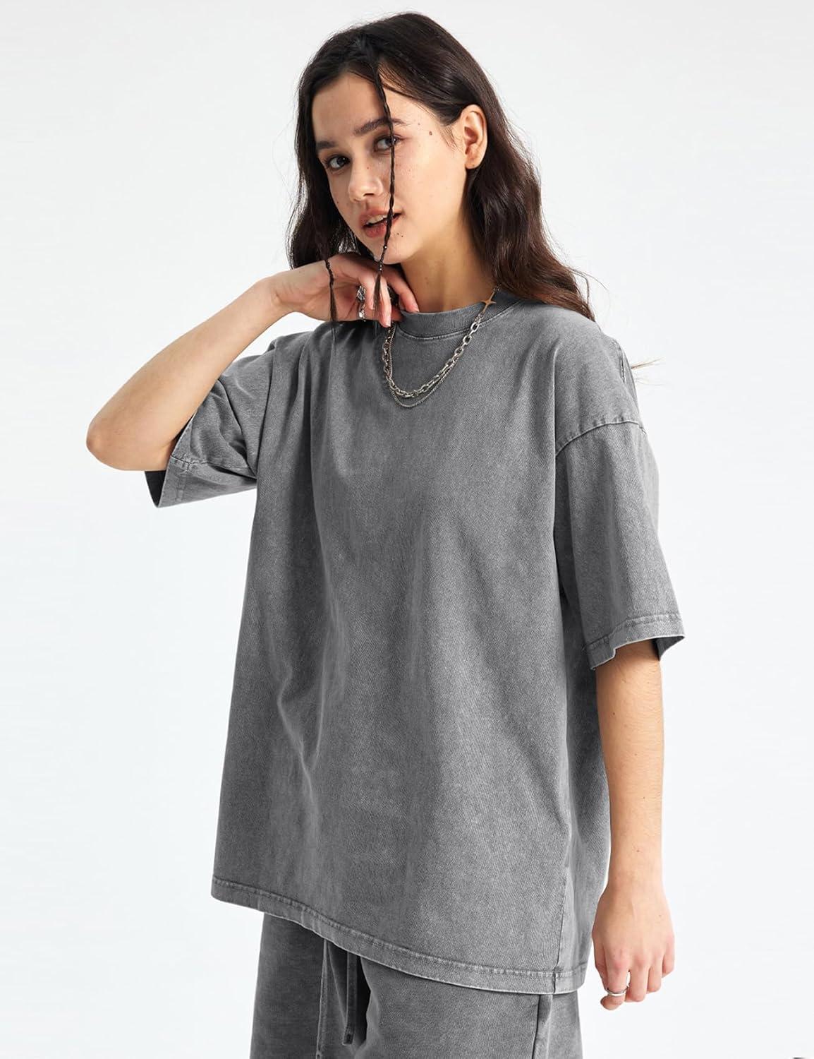 Arssm Women Oversized T Shirts Acid Washed Cotton Tees Vintage Baggy Loose Fit Streetwear Workout Tops(Black+grey+beige)