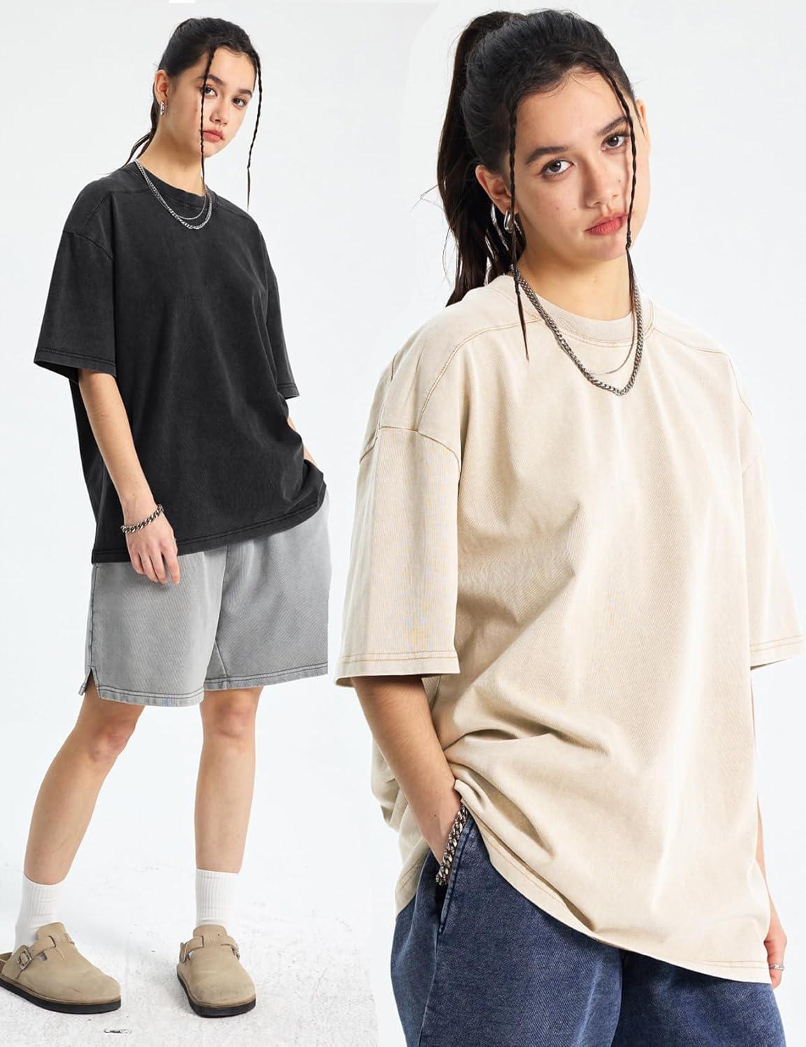 Arssm Women Oversized T Shirts Acid Washed Cotton Tees Vintage Baggy Loose Fit Streetwear Workout Tops(Black+grey+beige)