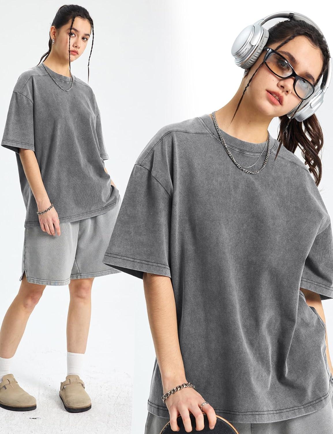 Arssm Women Oversized T Shirts Acid Washed Cotton Tees Vintage Baggy Loose Fit Streetwear Workout Tops(Black+grey+beige)