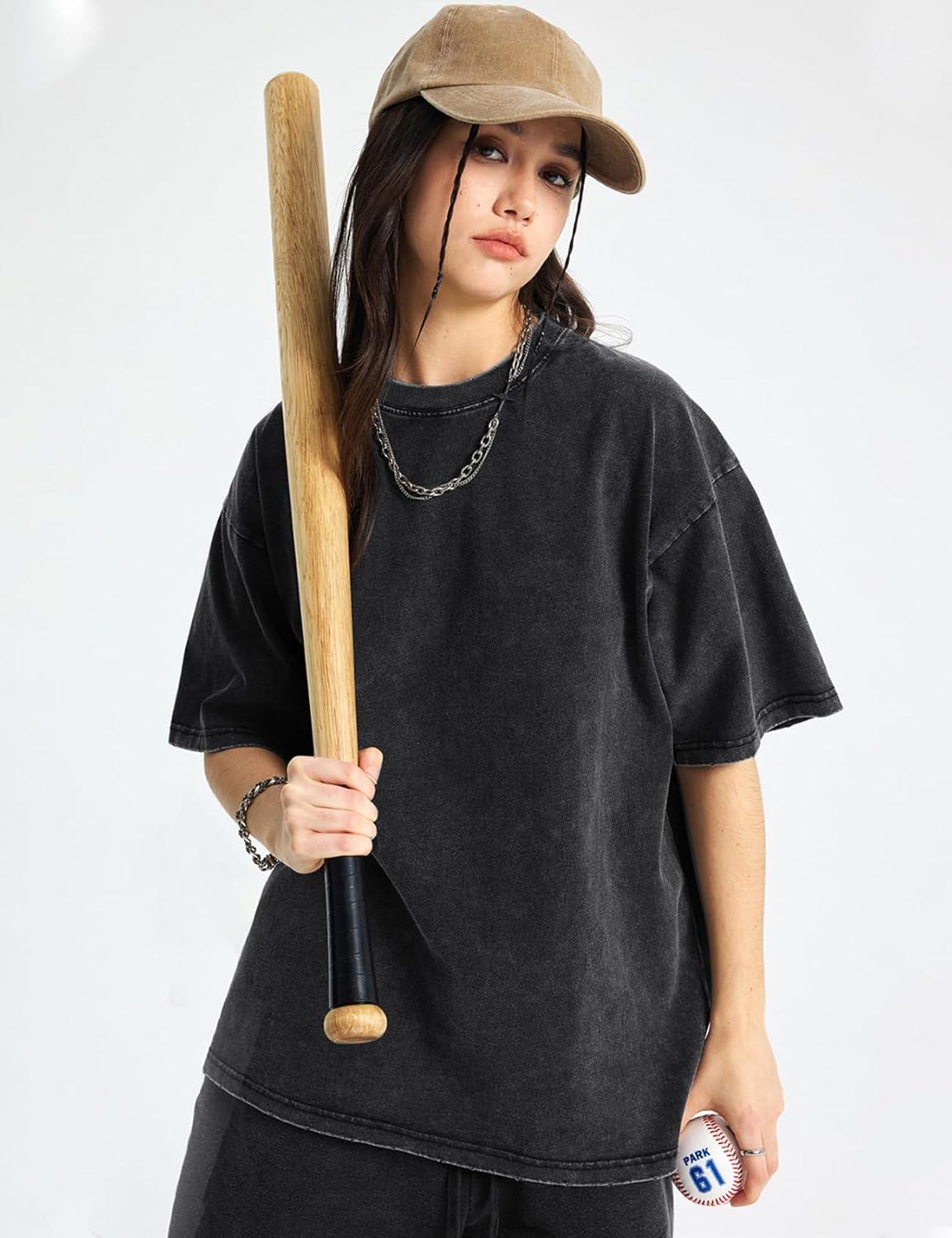 Arssm Women Oversized T Shirts Acid Washed Cotton Tees Vintage Baggy Loose Fit Streetwear Workout Tops(Black+grey+beige)