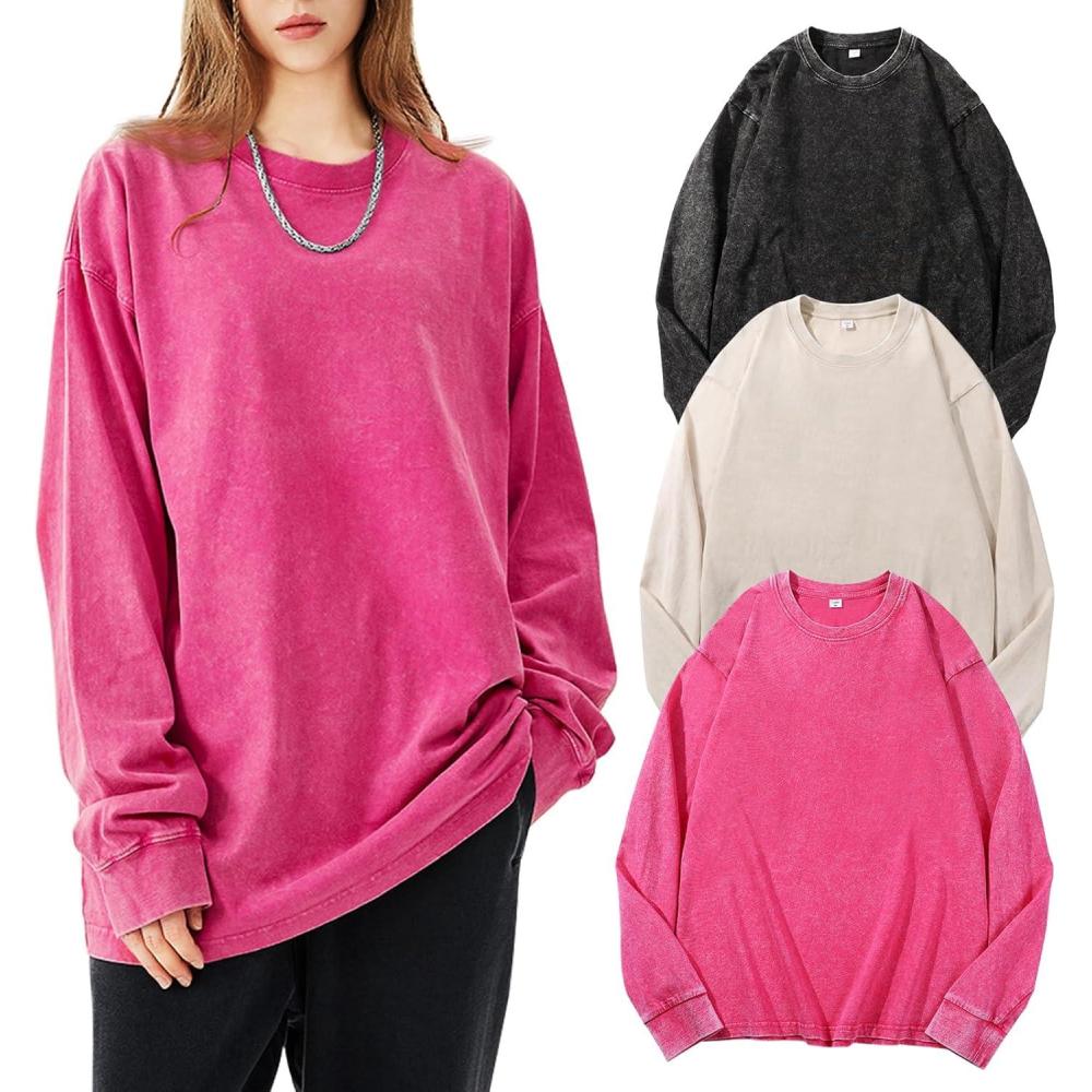 Arssm Oversized T-Shirts for Women Cotton Long Sleeve Vintage Acid Wash Baggy T Shirts(Black+beige+pink)