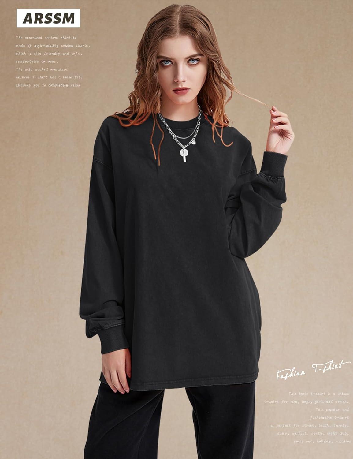 Arssm Oversized T-Shirts for Women Cotton Long Sleeve Vintage Acid Wash Baggy T Shirts(Black+beige+pink)