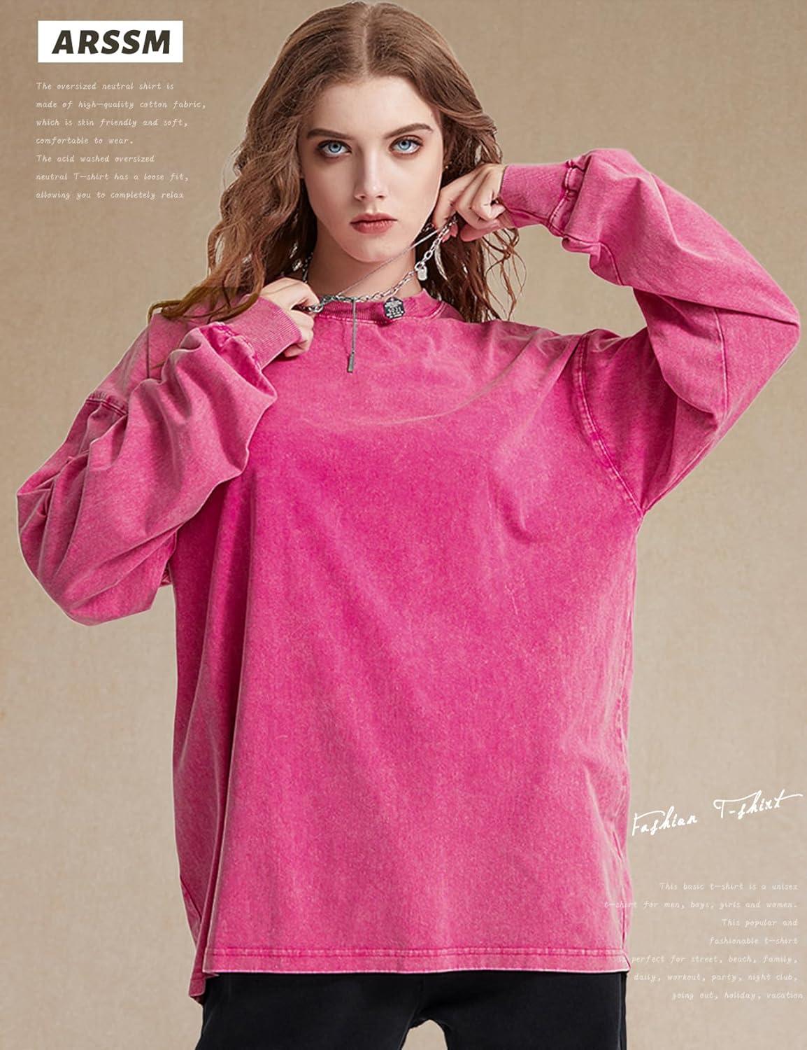 Arssm Oversized T-Shirts for Women Cotton Long Sleeve Vintage Acid Wash Baggy T Shirts(Black+beige+pink)