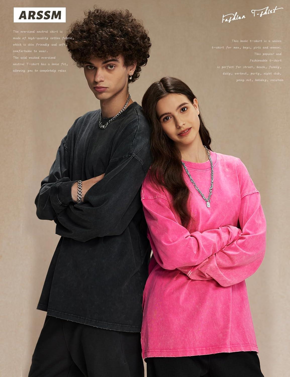 Arssm Oversized T-Shirts for Women Cotton Long Sleeve Vintage Acid Wash Baggy T Shirts(Black+beige+pink)