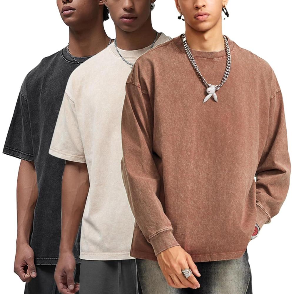 Arssm Mens Oversized T Shirts Cotton Acid Wash T-Shirts Baggy Vintage Tees Loose Fit Heavyweight Streetwear Tops(Black+beige-khaki)