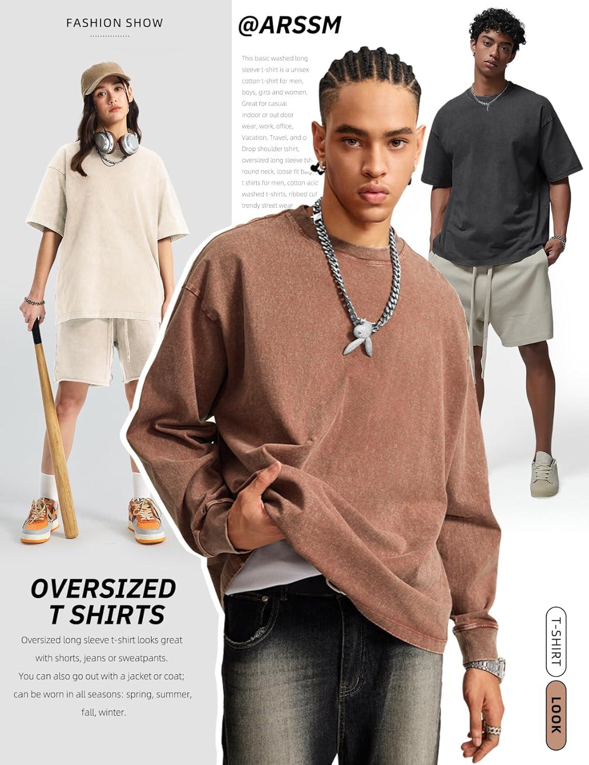 Arssm Mens Oversized T Shirts Cotton Acid Wash T-Shirts Baggy Vintage Tees Loose Fit Heavyweight Streetwear Tops(Black+beige-khaki)
