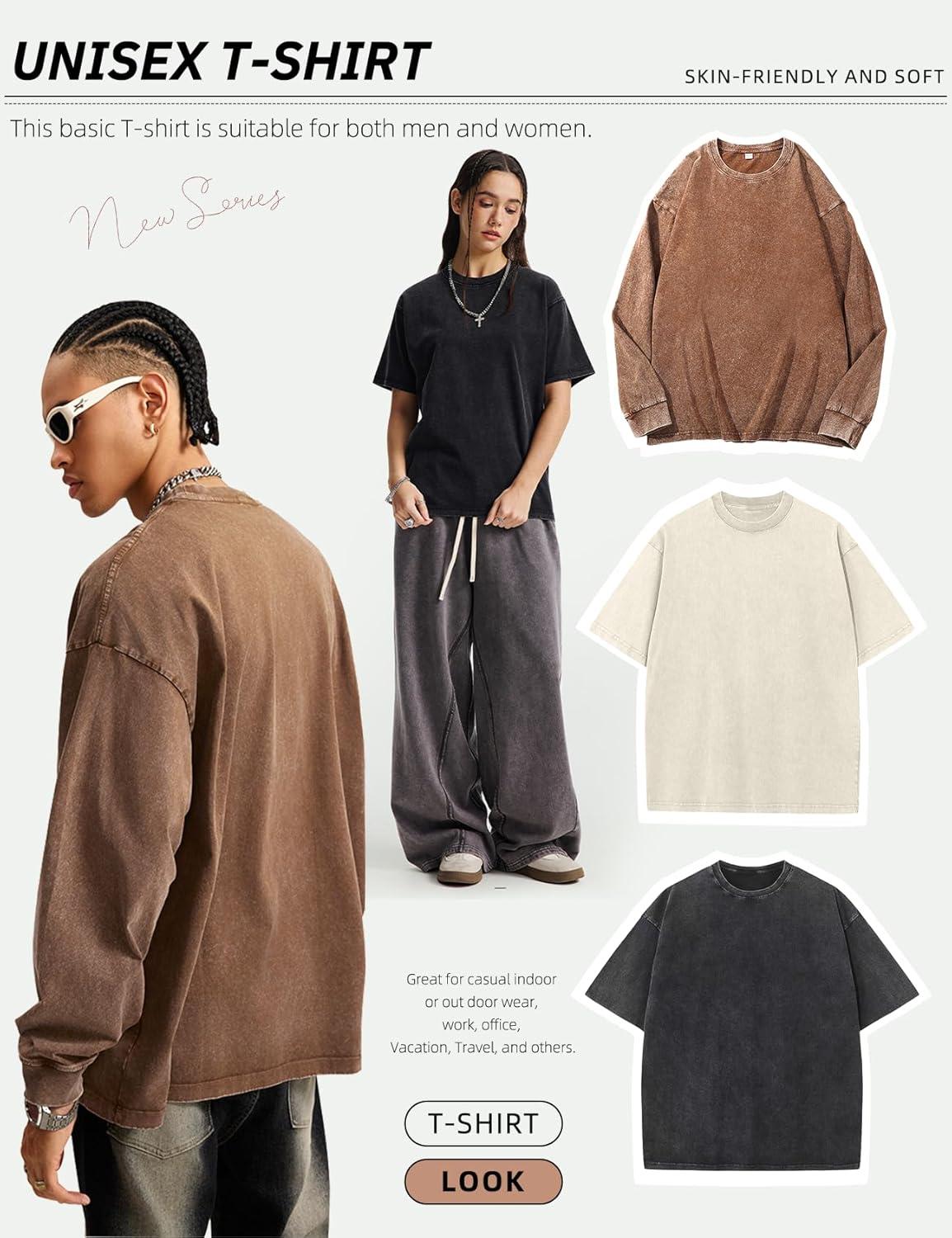 Arssm Mens Oversized T Shirts Cotton Acid Wash T-Shirts Baggy Vintage Tees Loose Fit Heavyweight Streetwear Tops(Black+beige-khaki)