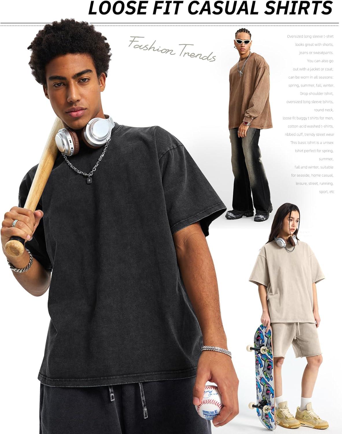 Arssm Mens Oversized T Shirts Cotton Acid Wash T-Shirts Baggy Vintage Tees Loose Fit Heavyweight Streetwear Tops(Black+beige-khaki)