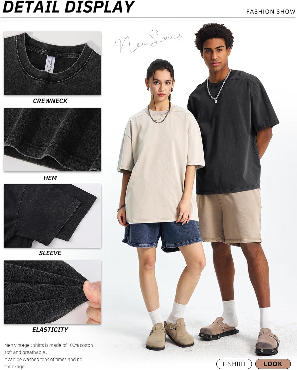 Arssm Mens Oversized T Shirts Cotton Acid Wash T-Shirts Baggy Vintage Tees Loose Fit Heavyweight Streetwear Tops(Black+beige-khaki)
