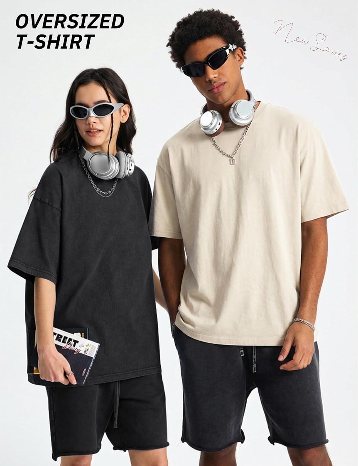 Arssm Mens Oversized T Shirts Cotton Acid Wash T-Shirts Baggy Vintage Tees Loose Fit Heavyweight Streetwear Tops(Black+beige-khaki)