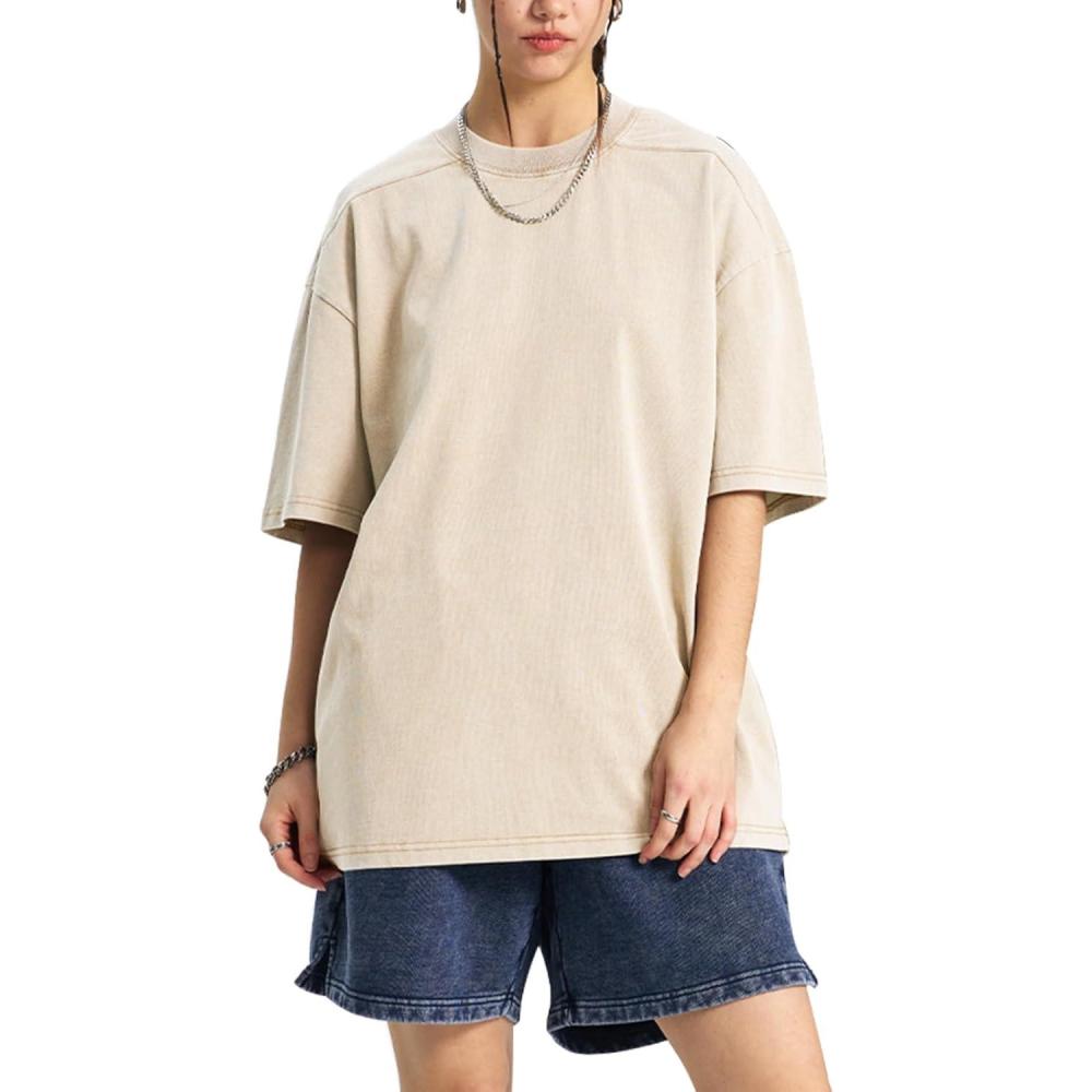 Arssm Women Oversized T Shirts Acid Washed Cotton Tees Vintage Baggy Loose Fit Streetwear Workout Tops(Beige)