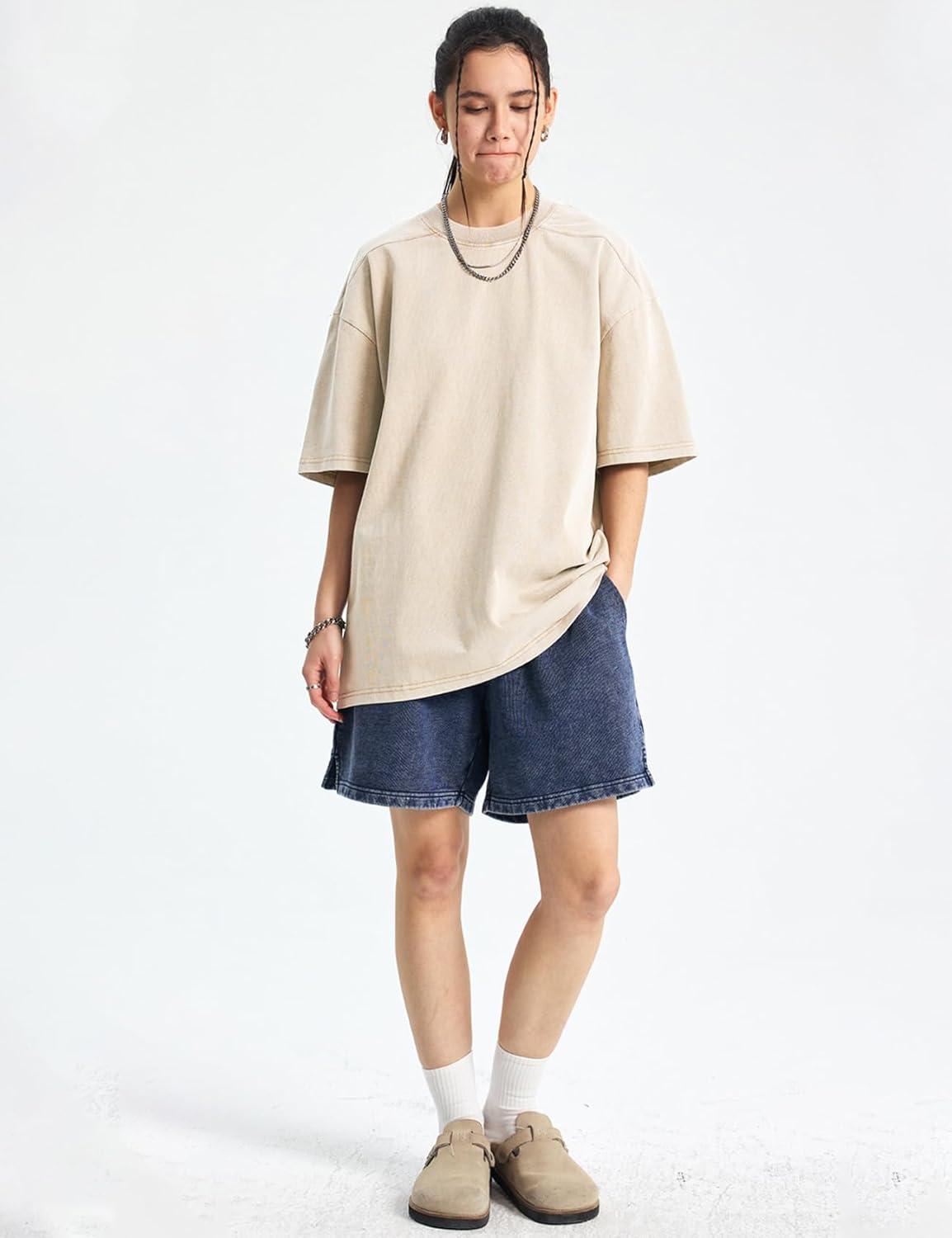 Arssm Women Oversized T Shirts Acid Washed Cotton Tees Vintage Baggy Loose Fit Streetwear Workout Tops(Beige)