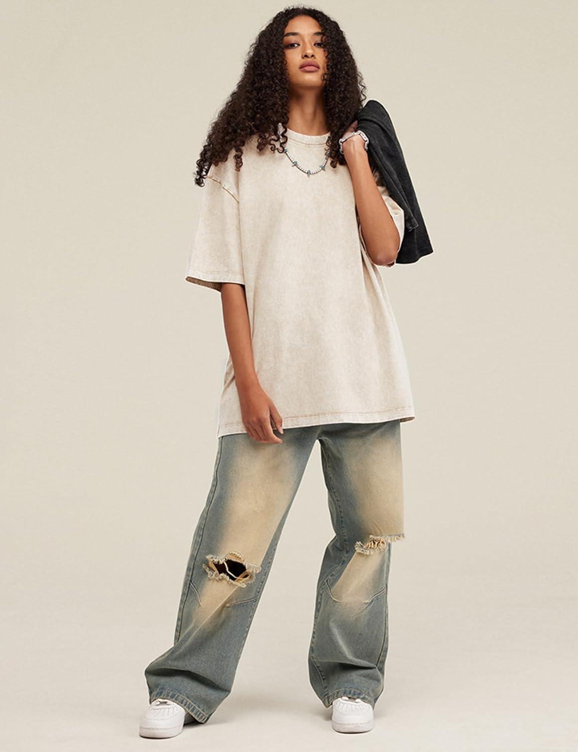 Arssm Women Oversized T Shirts Acid Washed Cotton Tees Vintage Baggy Loose Fit Streetwear Workout Tops(Beige)