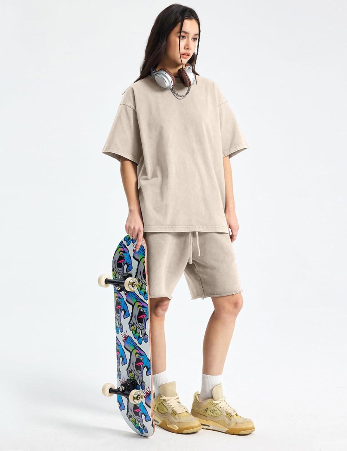 Arssm Women Oversized T Shirts Acid Washed Cotton Tees Vintage Baggy Loose Fit Streetwear Workout Tops(Beige)