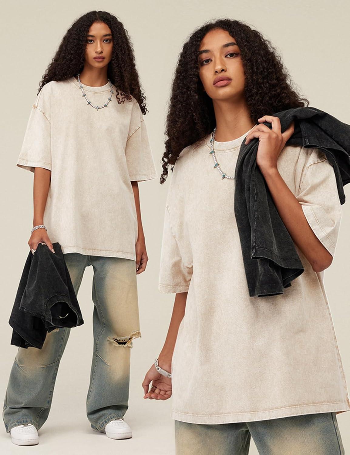 Arssm Women Oversized T Shirts Acid Washed Cotton Tees Vintage Baggy Loose Fit Streetwear Workout Tops(Beige)