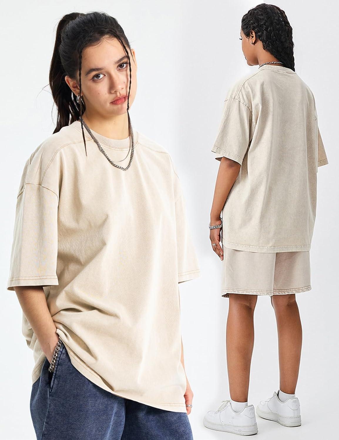 Arssm Women Oversized T Shirts Acid Washed Cotton Tees Vintage Baggy Loose Fit Streetwear Workout Tops(Beige)