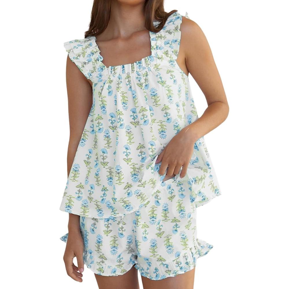 Arssm Womens Floral Pajama Set 2 Piece Loungewear Ruffle Hem Tank Top Vest Shorts Pjs Set Sleeveless Cami Loung Set(Blue-M), Medium
