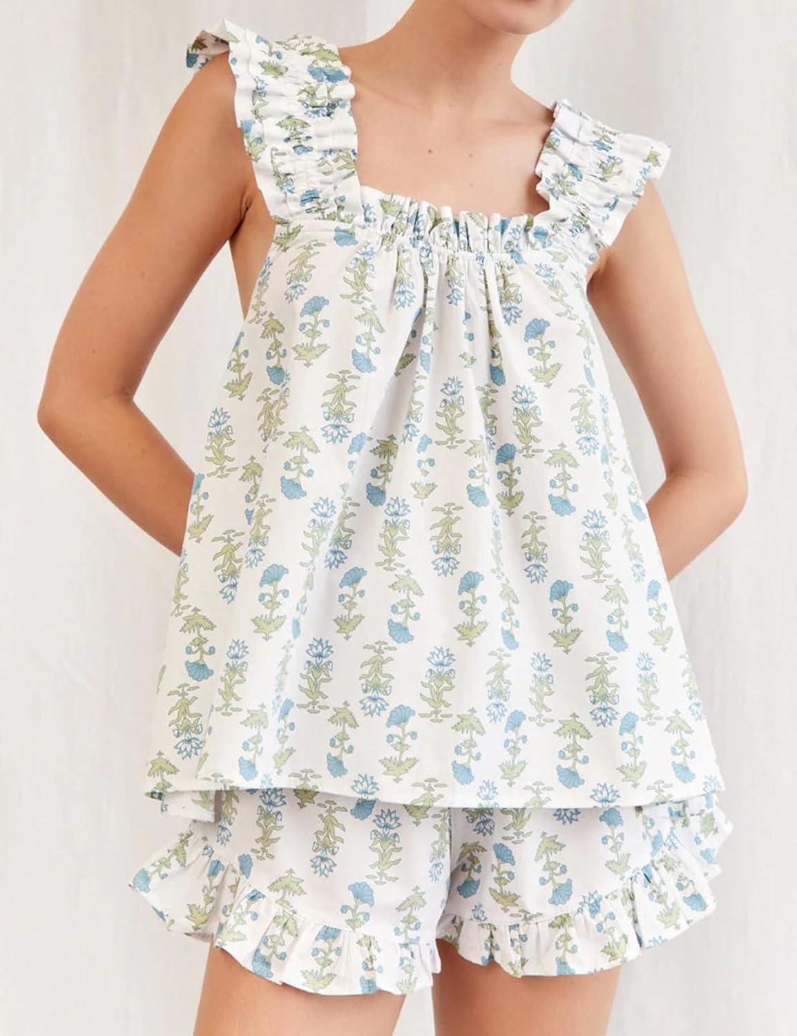 Arssm Womens Floral Pajama Set 2 Piece Loungewear Ruffle Hem Tank Top Vest Shorts Pjs Set Sleeveless Cami Loung Set(Blue-M), Medium