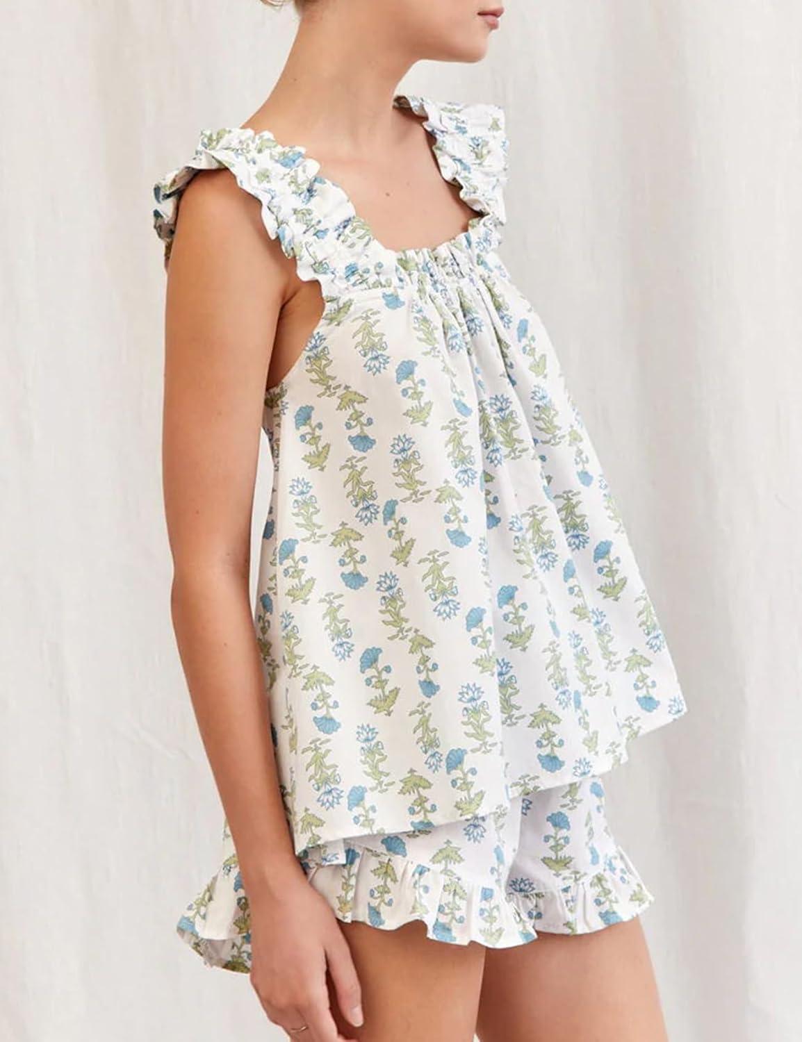 Arssm Womens Floral Pajama Set 2 Piece Loungewear Ruffle Hem Tank Top Vest Shorts Pjs Set Sleeveless Cami Loung Set(Blue-M), Medium
