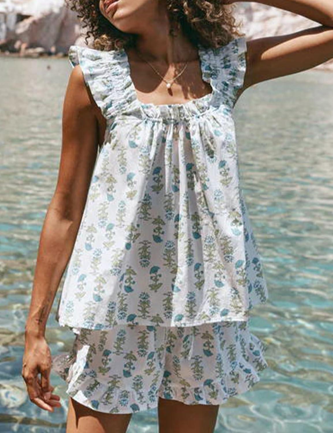 Arssm Womens Floral Pajama Set 2 Piece Loungewear Ruffle Hem Tank Top Vest Shorts Pjs Set Sleeveless Cami Loung Set(Blue-M), Medium