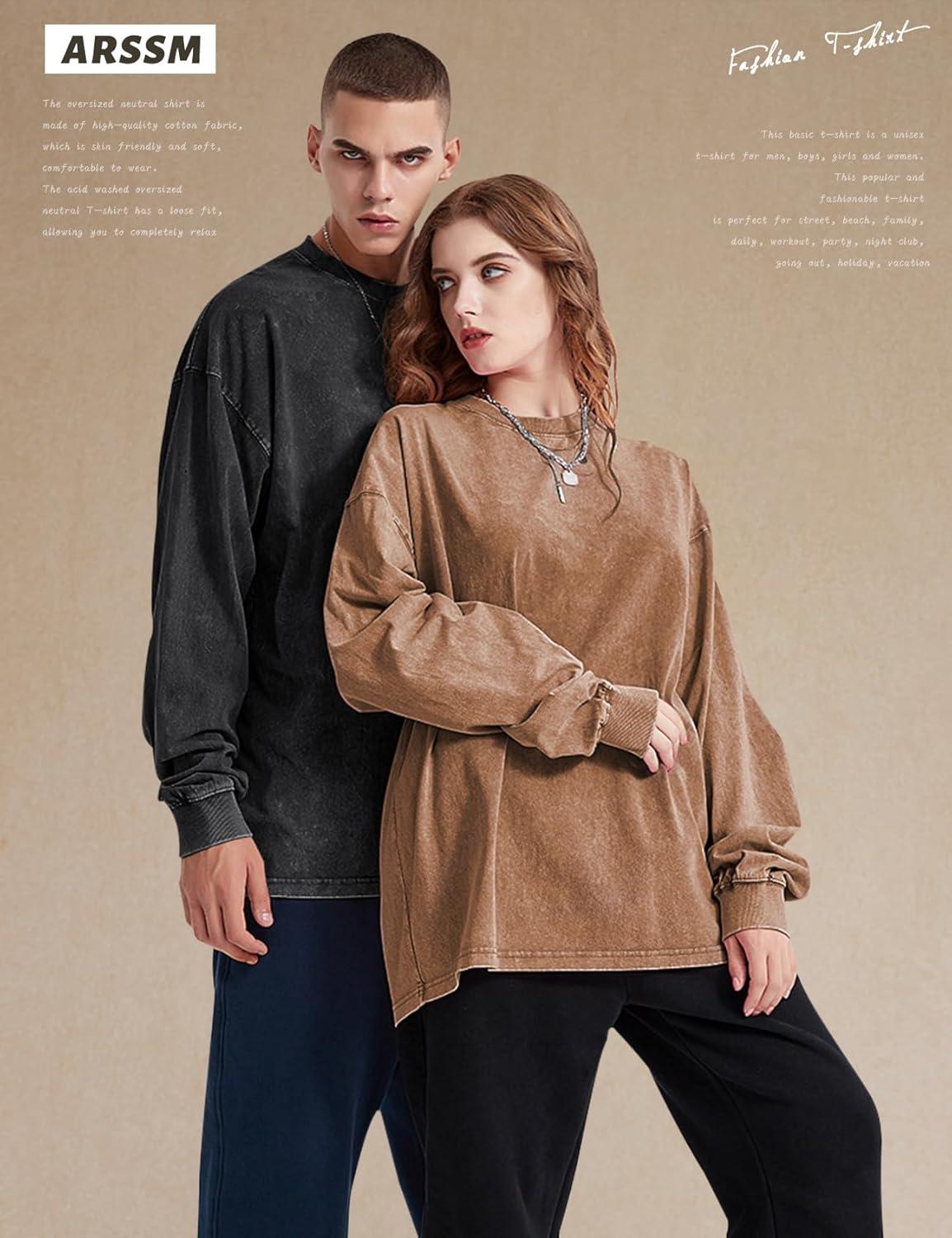 Arssm Oversized T-Shirts for Women Cotton Long Sleeve Vintage Acid Wash Baggy T Shirts(Black+khaki+army)