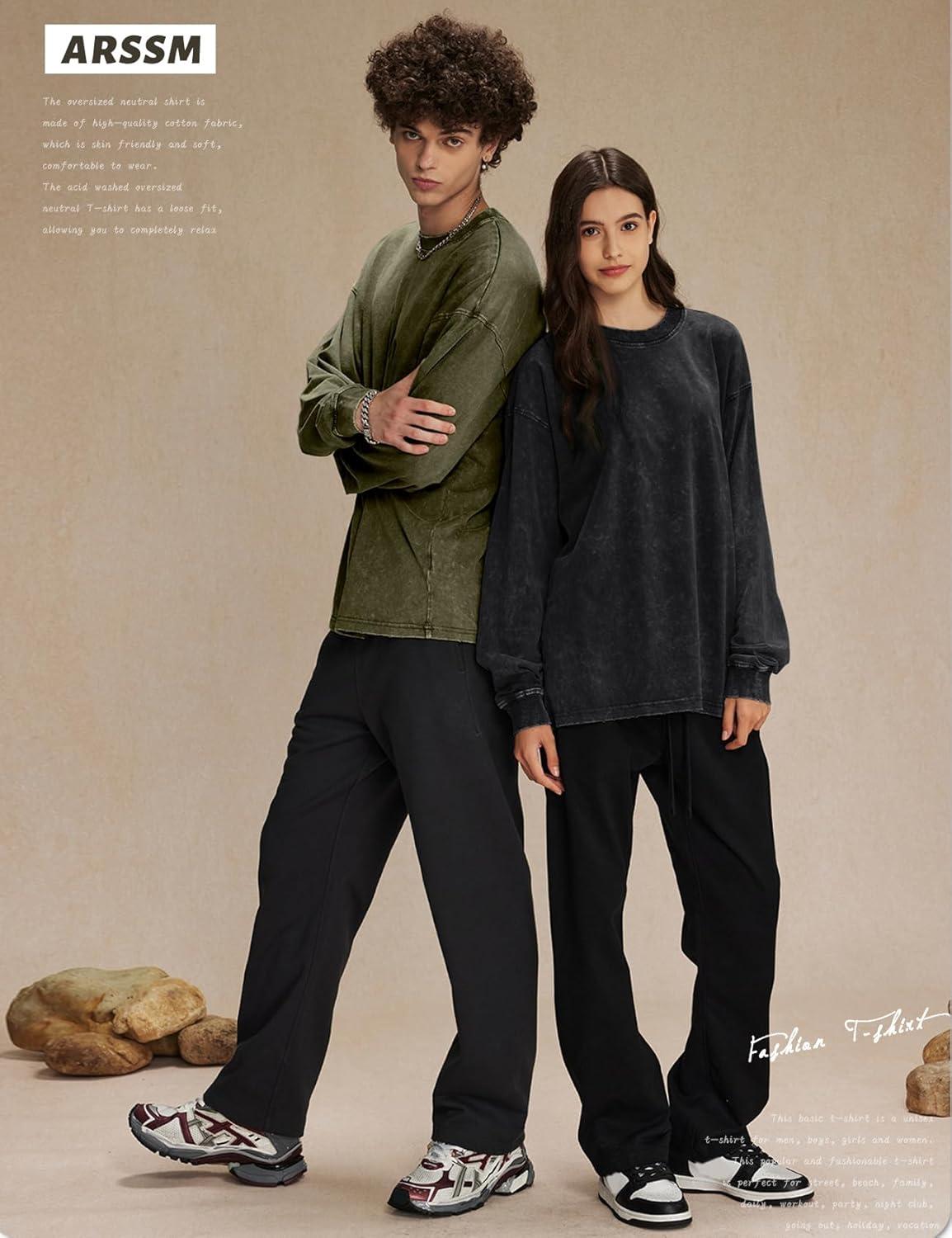 Arssm Oversized T-Shirts for Women Cotton Long Sleeve Vintage Acid Wash Baggy T Shirts(Black+khaki+army)