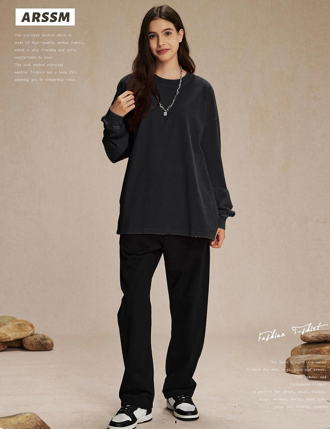 Arssm Oversized T-Shirts for Women Cotton Long Sleeve Vintage Acid Wash Baggy T Shirts(Black+khaki+army)