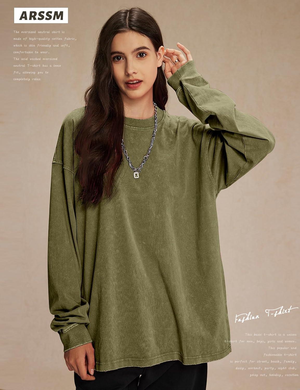 Arssm Oversized T-Shirts for Women Cotton Long Sleeve Vintage Acid Wash Baggy T Shirts(Black+khaki+army)