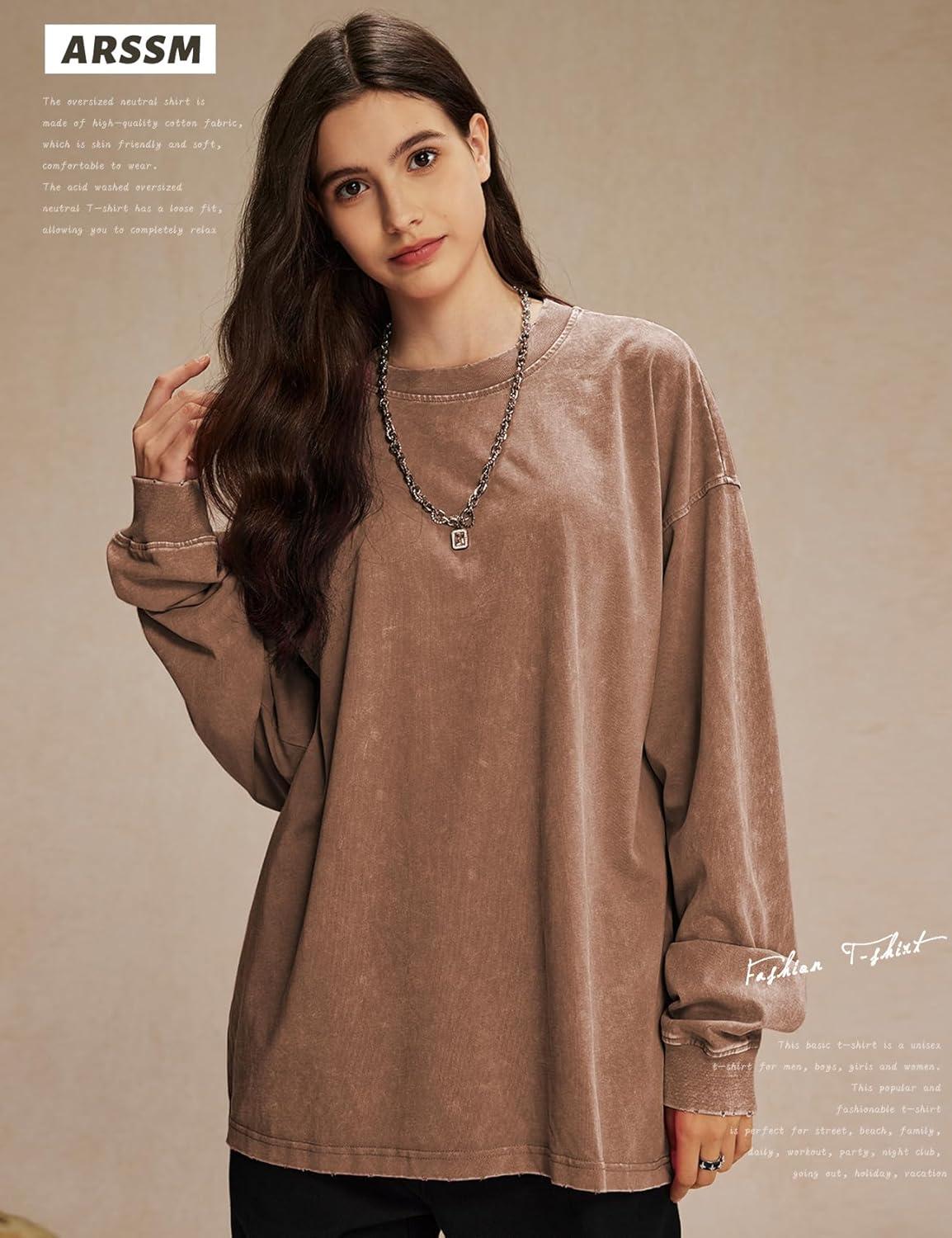 Arssm Oversized T-Shirts for Women Cotton Long Sleeve Vintage Acid Wash Baggy T Shirts(Black+khaki+army)