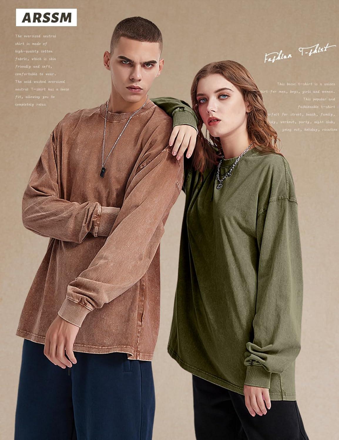 Arssm Oversized T-Shirts for Women Cotton Long Sleeve Vintage Acid Wash Baggy T Shirts(Black+khaki+army)
