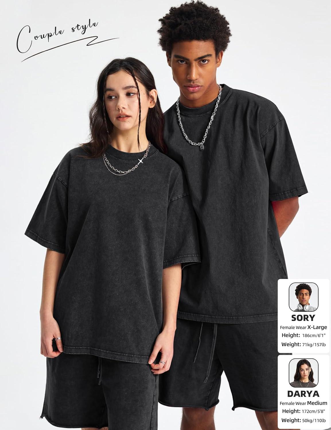 Arssm Mens Oversized T Shirts Cotton Acid Wash Baggy Tees Loose Fit Vintage Heavyweight T-Shirts(Black)