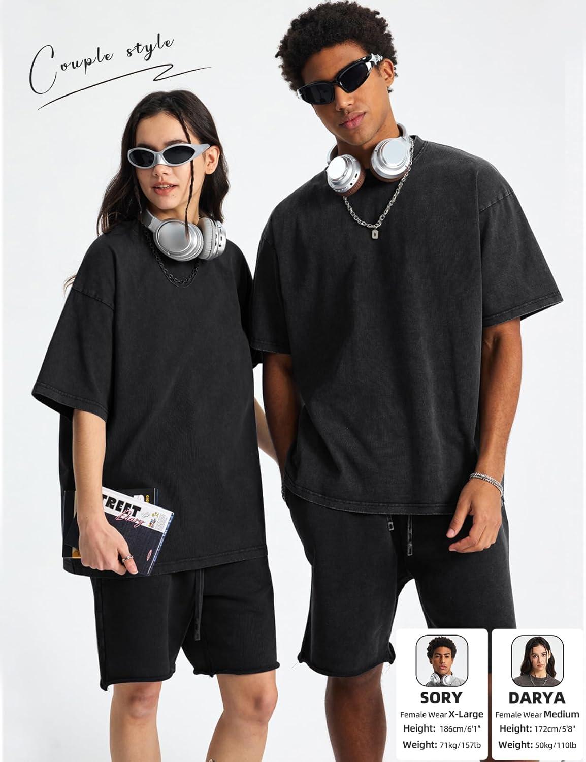 Arssm Mens Oversized T Shirts Cotton Acid Wash Baggy Tees Loose Fit Vintage Heavyweight T-Shirts(Black)