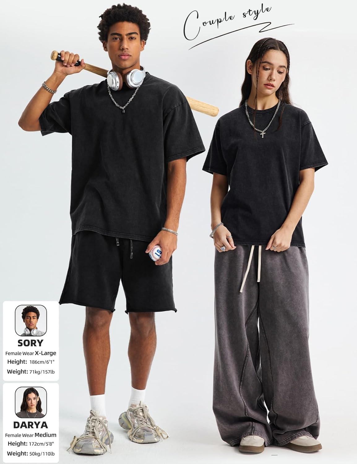 Arssm Mens Oversized T Shirts Cotton Acid Wash Baggy Tees Loose Fit Vintage Heavyweight T-Shirts(Black)