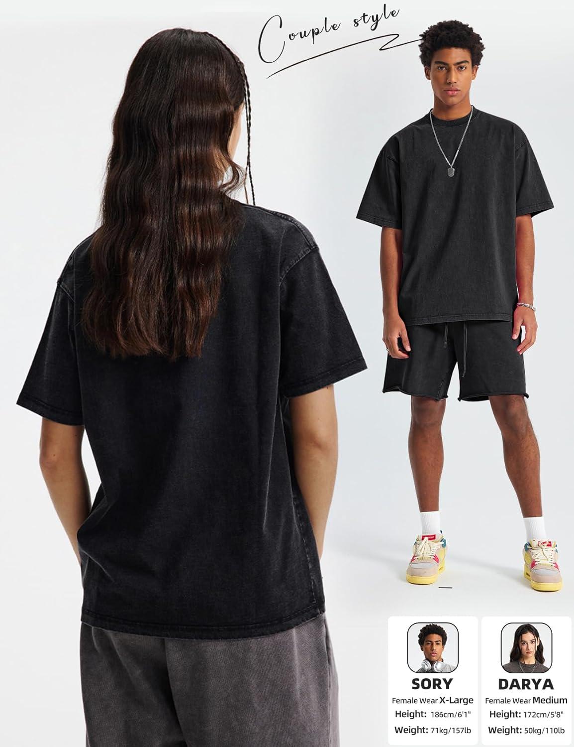 Arssm Mens Oversized T Shirts Cotton Acid Wash Baggy Tees Loose Fit Vintage Heavyweight T-Shirts(Black)