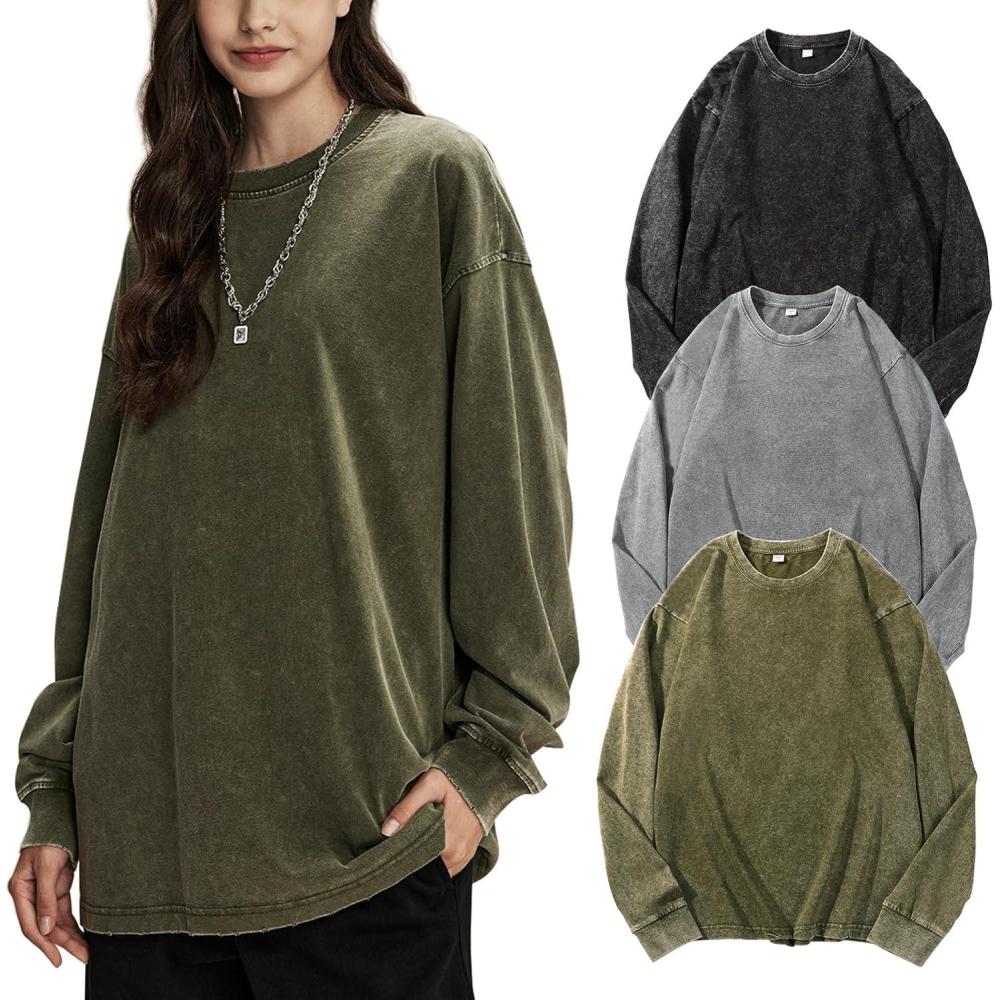 Arssm Oversized T-Shirts for Women Cotton Long Sleeve Vintage Acid Wash Baggy T Shirts(Black+grey+army)